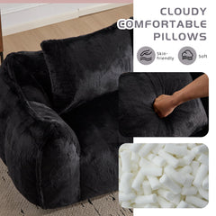 Giant Bean Bag Couch for Adults, Ultra Soft Fluffy Loveseat Bean Bag Sofa, Oversized Chase Lounge Chair Indoor for Living Room Bedroom, No Assembly Required Cozy Reading Chair with Pillows, Black