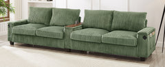 Modern 4-Seater Corduroy Sofa with USB Ports, Hidden Storage Arms, Flip-Top Cup Holders, Green, 133'