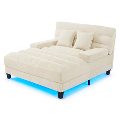 Modern Chaise Lounge Sofa 57.1' Sofa Bed Chenille Upholstered Lounge Sofa Chair with Adjustable Backrest and LED Light Strip, Beige