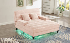 Modern Chaise Lounge Sofa 57.1' Sofa Bed with Adjustable Backrest and LED Light Strip, Pink Chenille Upholstered