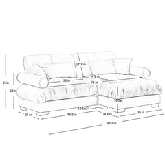 Modern Oversized Velvet Two-Seater Sofa with Ottoman and Round Bolster Armrests in Olive Green