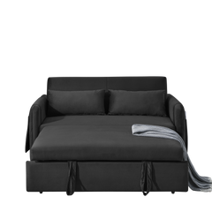 55' Modern Convertible Sofa Bed with 2 Detachable Arm Pockets, Velvet Loveseat Sofa with Pull Out Bed, 2 Pillows and Living Room Adjustable Backrest, Grid Design Armrests