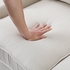 [VIDEO provided] [New] 114.2' Upholstered Sofa with Console, 2 Cupholders and 2 USB Ports Wired or Wirelessly Charged, Modern Linen Fabric Couches with 4 Pillows for Living Room, Apartment (4-Seat)