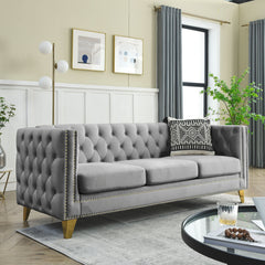 {Contact us for 3D modeling}  Velvet Sofa for Living Room,Buttons Tufted Square Arm Couch, Modern Couch Upholstered Button and Metal Legs, Sofa Couch for Bedroom, Grey Velvet .2PCS
