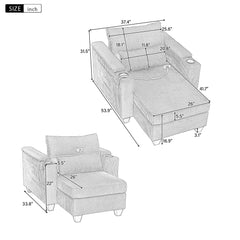 Convertible Chaise Lounge Sofa Chair Corduroy Sleeper with USB Ports, Cup Holders, Storage, Grey