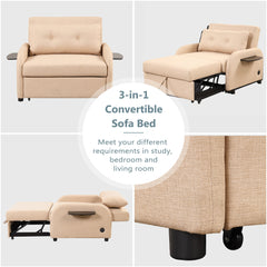 Versatile Pull Out Sofa Sleeper 3 in 1 with Wing Table & USB Charge, Beige Linen, Compact Design