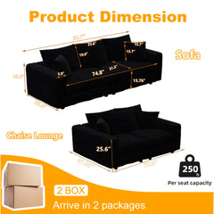 82.7 ' Plush Corduroy 3-Seat Sofa,Modern Comfy Upholstered Sofa Cloud Couch,Deep Seat Couches with Soft Pillows,Convertible Deep Seat Sofa Lounge Chair for Living Room Bedroom,Apartment,Office,Black