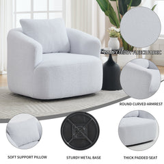 360° Swivel Round Upholstered Comfy Chair With One Soft Pillow, Teddy Fleece High-Resilience Sponge Single Sofa, No Assembly for Living Room, Bedroom, Apartment, White