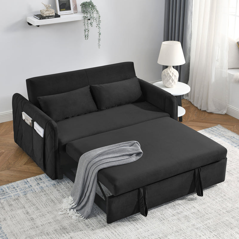 55' Modern Convertible Sofa Bed with 2 Detachable Arm Pockets, Velvet Loveseat Sofa with Pull Out Bed, 2 Pillows and Living Room Adjustable Backrest, Grid Design Armrests