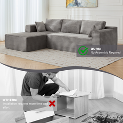 Compression Sectional Couch with Comfy Chaise, Boneless L Shape Sofa with Deep Seat, Minimalist Modular Couches Sleeper for Living Room Bedroom Apartment Lounge,corduroy,Grey