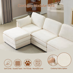 136' Plush Cloud 3-seater Sofa: Modular 4-seater Sofa + 2 Footstools with 22' Beige Chenille Cushions + 2 Throw Pillows - Compact Size for Apartment, Living Room, Bedroom (Beige)