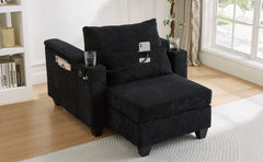 Convertible Chaise Lounge Sofa Chair Bed with USB Ports, Cup Holders & Storage, Black Corduroy, 37.4'
