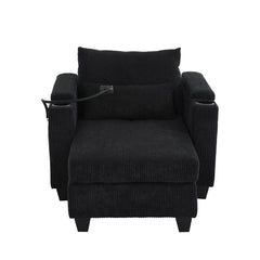 Convertible Chaise Lounge Sofa Chair Bed with USB Ports, Cup Holders & Storage, Black Corduroy, 37.4'