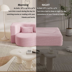 Modern Floor Sofa with 2 Pillows,Convertible Teddy Fabric Foam Filled Sleeper Sofa Bed,15 ' Full Size Folding Mattress for Living Room,Guest Bed,Playroom,No Assembly Required,Pink
