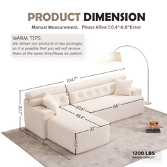 LY-029B Convertible Chaise Sectional Sofa, Full Compression Sponge Modular Couch, Cloud White 3-Seater, Wood Grain Chenille, 2 Pillows, 86'L
