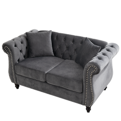 58.8' Chesterfield Sofa Grey Velvet for Living Room, 2 Seater Sofa Tufted Couch with Rolled Arms and Nailhead for Living Room, Bedroom, Office, Apartment, two pillowsW834S00069