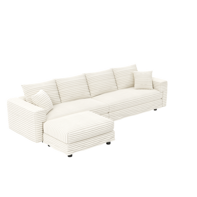 102.4 'Plush Corduroy 4-Seat Sofa,Modern Comfy Upholstered Sofa Cloud Couch,Deep Seat Couches with Soft Pillows and Movable Ottoman,Convertible Sofa Lounge Chair,for Living Room,Apartment,Office,Beige