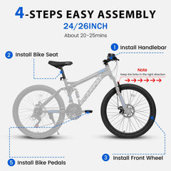 A2660 26 Inch Mountain Bike, 21-Speed Disc Brakes, Durable Frame, Front, Rear Dual-Shock Absorption, Unisex for Commuting, Travel, School, Mountain and City Road Cycling