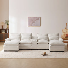 Modern U-shaped Sofa with Console, Cupholders & USB Ports, 6-seat Upholstered Furniture, Chenille, 123*55 inches, White