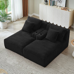Compressible double chaise lounge with cupholders - No Assembly Required, Fluffy Modern Sleeper Loveseat for Indoor Living Room Bedroom Reading