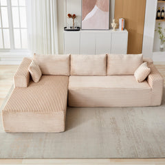 Compression Sectional Couch with Comfy Chaise, Boneless L Shape Sofa with Deep Seat, Minimalist Modular Couches Sleeper for Living Room Bedroom Apartment Lounge,corduroy,Beige