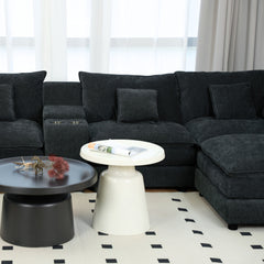 U Shaped Sectional Cloud Couch for Living Room,144' Comfy Fluffy Modular Sofa with Movable Ottoman Modern Chenille 6 Seat Sectional Sofa Set with Console, Cup Holders,Black