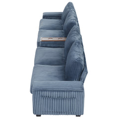 Modern 4-Seater Corduroy Sofa Couch with USB Ports, Hidden Storage, Flip-Top Cup Holders, Blue, 133'