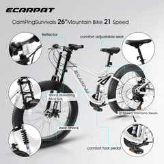 A26309 26 inch Mountain Bike,Full-Suspension 21 Speeds Drivetrain with Disc-Brake MTB Bicycle, 26*4' Fat tire Bike for Men white