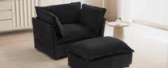 Modern Armchair Sofa 47' Cozy Upholstered Sofa Chair with Movable Ottoman, Black Chenille, Wide Seat & Curved Armrests
