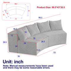 Corduroy curved sectional sofa with four pillows,Curved Symmetrical Modular Semi Circular Sofa Sectional for bedroom, living room, office for leisure or nap, reading room, and lobby(Two modules)
