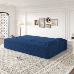 Modern Floor Sofa with 2 Pillows,Convertible Teddy Fabric Foam Filled Sleeper Sofa Bed,15 ' Full Size Folding Mattress for Living Room,Guest Bed,Playroom,no assembly required,Blue