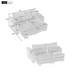 Convertible Chaise Lounge 63' Loveseat Sofa Bed with USB Ports, Cup Holders, Phone Holder & Storage, Black Corduroy
