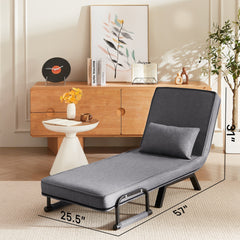 Convertible Folding Chair Bed with Adjustable Backrest and Pillow, Light Grey Linen for Small Spaces