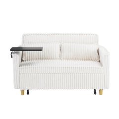 The pull-out and push-in beige corduroy sofa with dual functions, equipped with a movable tabletop and USB ports, is suitable for use in living rooms and bedrooms.