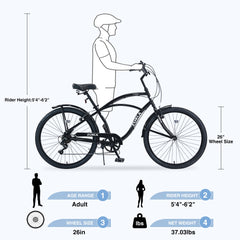 7 Speed Bicycles 26'Inch Multiple Colors Men's Beach Cruiser Bike