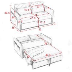 3 in 1 Convertible Sleeper Futon Sofa Bed, 55' Velvet Small Loveseat Lounge Couches with 2 Pillows, Reclining Backrest,Side Pockets for Living Room, Pull-Out Couch