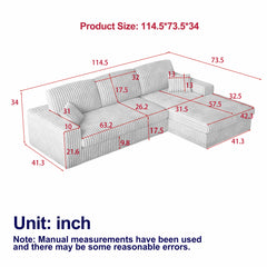 114.5'Modern Corduroy Modular foam Sofa, Recliner Seat reversible Sofa, 2-in-1 Sofa with Recliner and L-Shaped Sofa Combination with Three Cushion Neck Pillow Combination and Two Throw Pillows