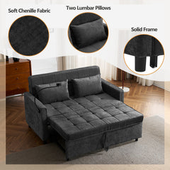 Contemporary 56.9' Loveseat Sofa Bed Sleeper with Reversible Backrest, Side Pockets, USB Ports, Phone Holder, Black Chenille