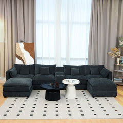 U Shaped Sectional Cloud Couch for Living Room,144' Comfy Fluffy Modular Sofa with Movable Ottoman Modern Chenille 6 Seat Sectional Sofa Set with Console, Cup Holders,Black