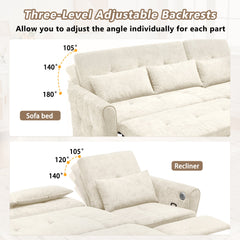 Beige 2-in-1 82' Three-seater Sofa with Pull-out Bed and Reversible Recliner, Chenille Upholstery