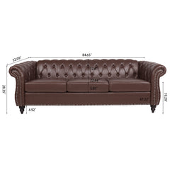 Dark Brown PU Rolled Arm Chesterfield Three Seater Sofa with Solid Wood Frame and Birch Legs