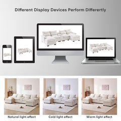 Modern U-shaped Sofa with Console, Cupholders & USB Ports, 6-seat Upholstered Furniture, Chenille, 123*55 inches, White