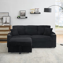 80' Corduroy Multi-Function Sofa with Hidden Reclining, Space Saving Design, Armrests, Cup Holders and Removable Footstool, Black