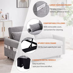 Contemporary Grey Pull Out Sleep Sofa Bed Loveseat with Adjustable Backrest, Storage Pockets, USB Ports and 2 Soft Pillows