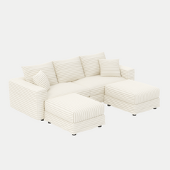 82.7 ' Plush Corduroy 3-Seat Sofa, Modern Comfy Upholstered Sofa Cloud Couch, Deep Seat Couches with Soft Pillows and 2 Ottomans, Convertible Sofa Lounge Chair, for Living Room,Apartment,Office,Beige