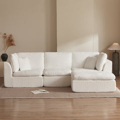 Cloud Style L-Shape Modular Sectional Sofa with Ottoman, 3 Seater Convertible Couch in Warm White, Chenille Fabric, 110' Width