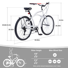 Men's Beach Cruiser Bike, 7 Speed Bicycles, 26'Inch Multiple Colors