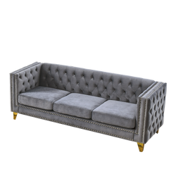 {Contact us for 3D modeling}  Velvet Sofa for Living Room,Buttons Tufted Square Arm Couch, Modern Couch Upholstered Button and Metal Legs, Sofa Couch for Bedroom, Grey Velvet(W834S00020)
