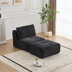 Modern Memory Foam Compressed Sofa,Single Chaise Longue for Living Room,Pet-Friendly Cloud Modular Sectional Sofa,Corduroy Fabric,Movable Ottoman,No assembly required,Black