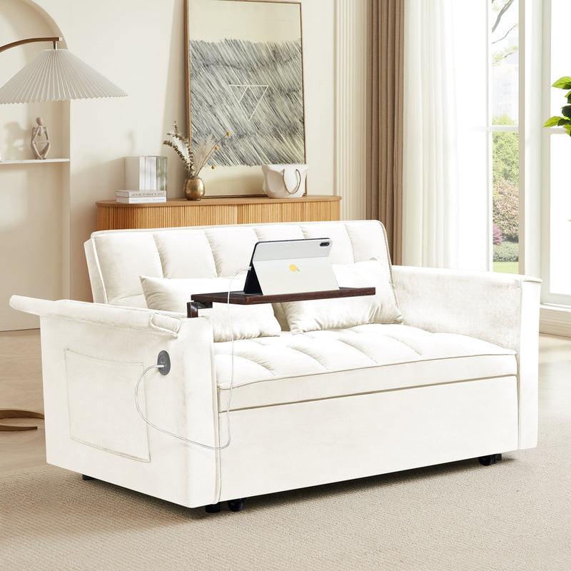 55.5 '3-in-1 foldable sofa bed, modern velvet double sofa, sofa bed with adjustable back, storage bag and pillow, hidden living room laptop desk with USB port, suitable for living room, bedroom(BEIGE)